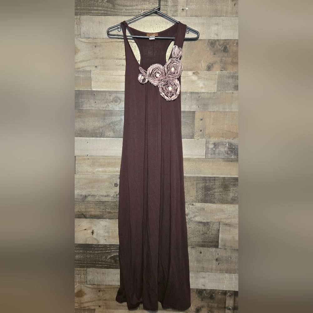 brown maxi dress with floral embellishment